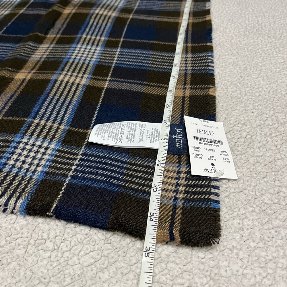 NWT J. Crew Navy, Brown & Light Blue Plaid Wool Scarf